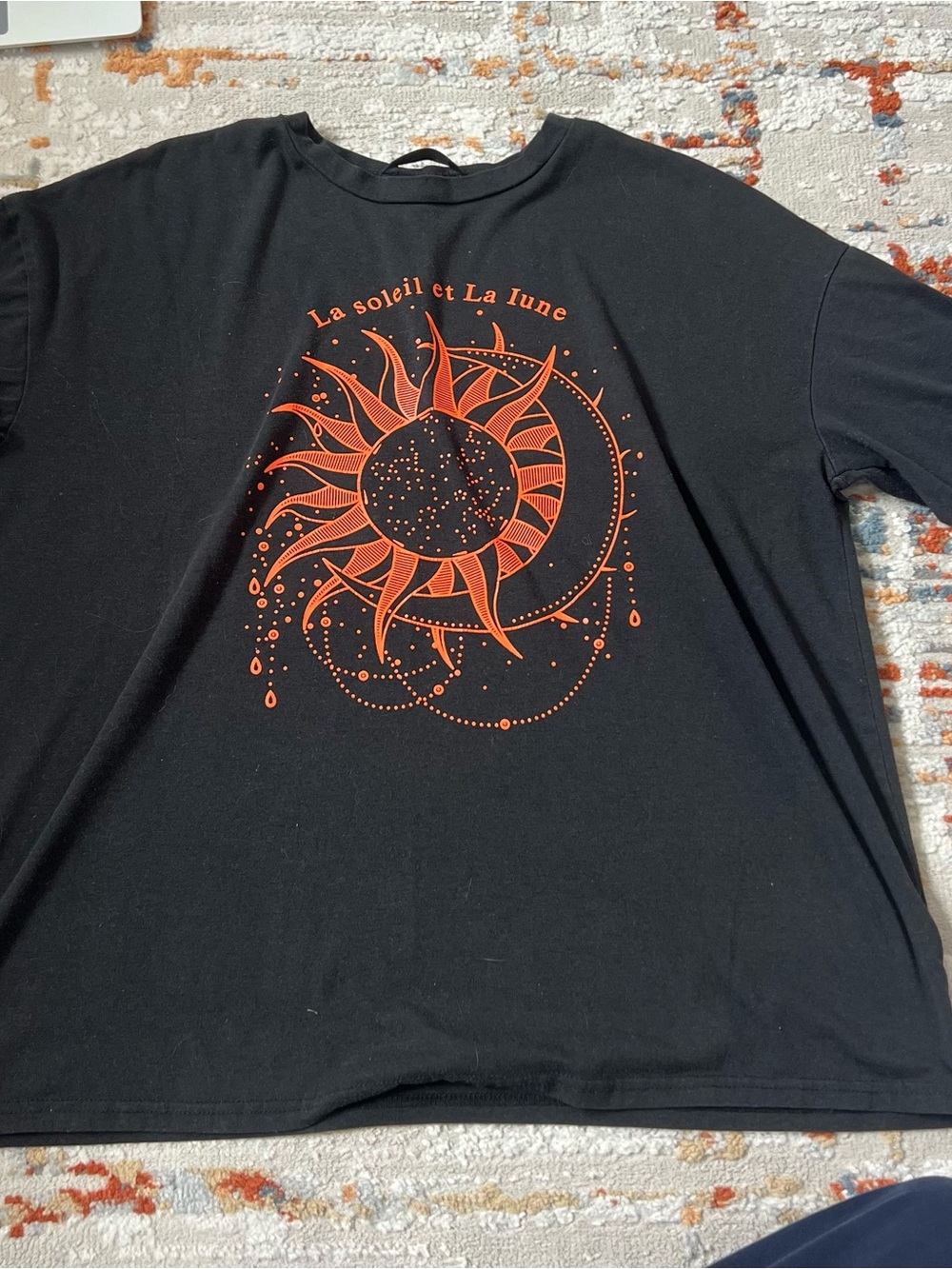 SHEIN Black Short Sleeve Tee with Orange Sun & Moon Graphic